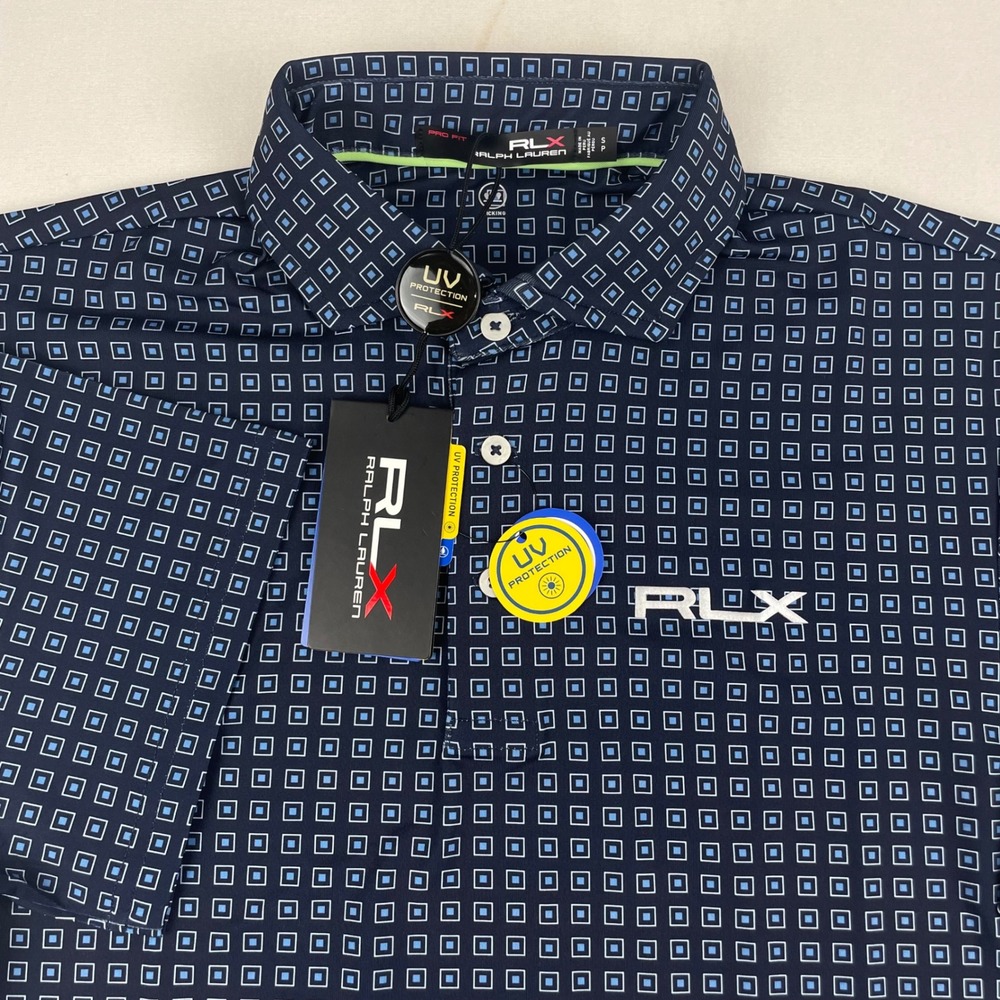 RLX Ralph Lauren Mens Pro Fit Golf Polo Navy Blue Geometric Square UV Protection